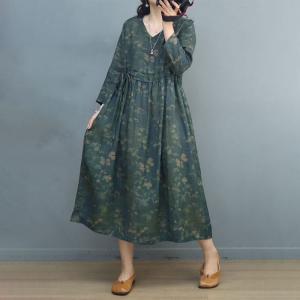 Tie Waist Floral Green Dress Ramie Loose Resort Wear