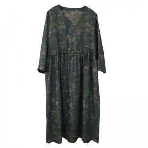 Tie Waist Floral Green Dress Ramie Loose Resort Wear