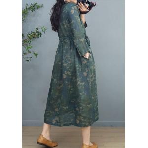 Tie Waist Floral Green Dress Ramie Loose Resort Wear