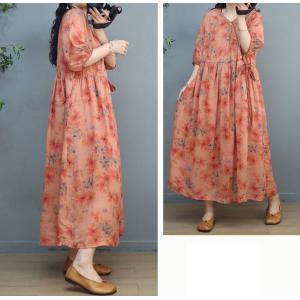 Side Tied Floral Beach Dress Puff Sleeves Ramie Hawaii Dress