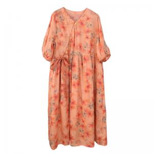 Side Tied Floral Beach Dress Puff Sleeves Ramie Hawaii Dress