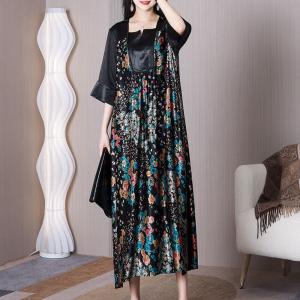 Modest Fashion Floral Dress Heavy Silk Black Dress