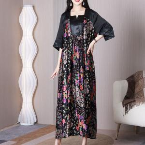 Modest Fashion Floral Dress Heavy Silk Black Dress