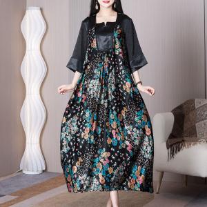 Modest Fashion Floral Dress Heavy Silk Black Dress