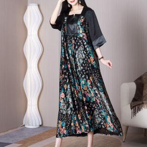 Modest Fashion Floral Dress Heavy Silk Black Dress