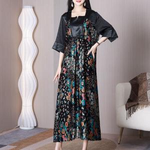 Modest Fashion Floral Dress Heavy Silk Black Dress