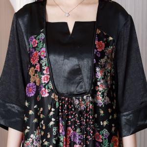 Modest Fashion Floral Dress Heavy Silk Black Dress