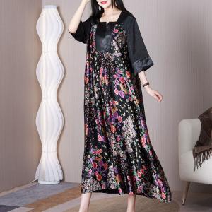 Modest Fashion Floral Dress Heavy Silk Black Dress