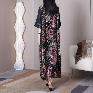 Modest Fashion Floral Dress Heavy Silk Black Dress