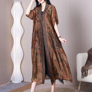 Frog Buttons Floral Cardigan Loose Senior Women Kimono