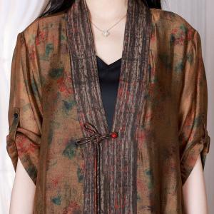 Frog Buttons Floral Cardigan Loose Senior Women Kimono