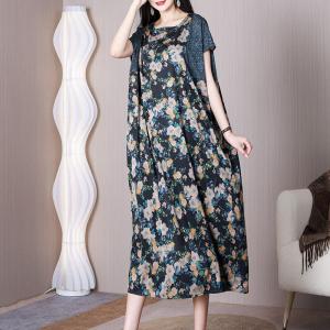 Short Sleeves Flowers Blue Dress Cozy Jacquard Summer Frocks