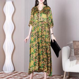 Y-Neck Printed Empire Waist Dress Silk Tied Midi Dress