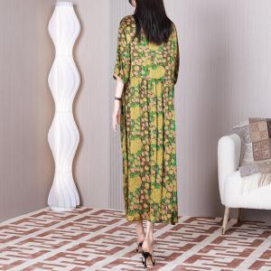 Y-Neck Printed Empire Waist Dress Silk Tied Midi Dress