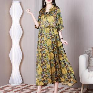 Y-Neck Printed Empire Waist Dress Silk Tied Midi Dress