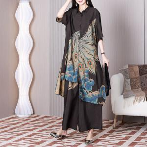 Peacock Feathers Printed Shirt Tunic with Black Palazzo Pants