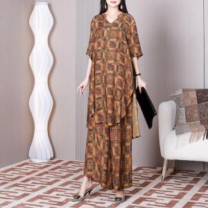 Over40 Style Printed Plaid Tunic Dress with Wide Leg Pant Sets