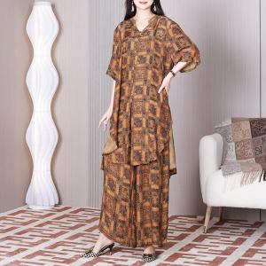 Over40 Style Printed Plaid Tunic Dress with Wide Leg Pant Sets