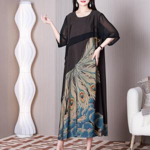 Feather Patterned Black Shift Dress Half Sleeves Concert Dress