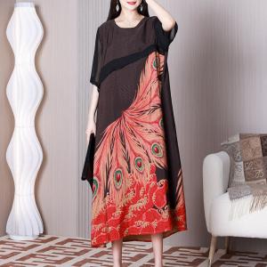 Feather Patterned Black Shift Dress Half Sleeves Concert Dress