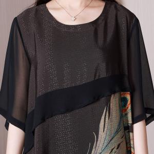 Feather Patterned Black Shift Dress Half Sleeves Concert Dress