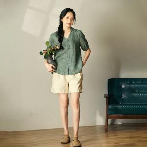 Classic Green Plaid Blouse Summer Linen Shirt for Women