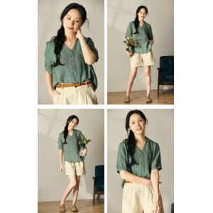 Classic Green Plaid Blouse Summer Linen Shirt for Women