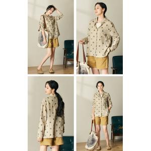 Long Sleeves Polka Dot Blouse Linen Beige Shacket