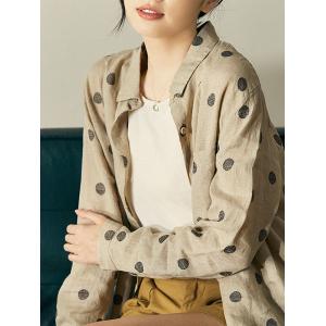 Long Sleeves Polka Dot Blouse Linen Beige Shacket