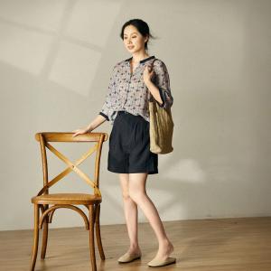 Loose-Fit Square Patterned Shirt Ramie Cozy Travel Blouse