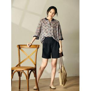 Loose-Fit Square Patterned Shirt Ramie Cozy Travel Blouse