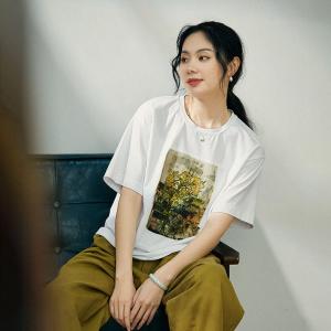 Oil Painting White T-shirt Casual Cotton Tee for Women
