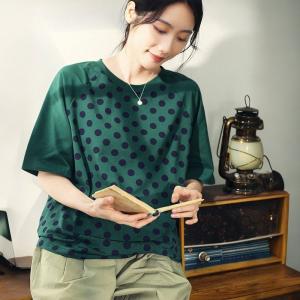 Crew Neck Casual Polka Dot T-shirt Ladies Short Sleeves Tee