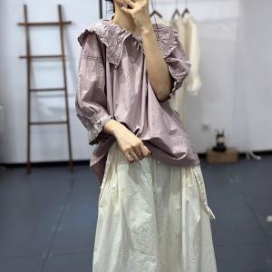 Mori Fashion Half Sleeve Lace T Shirt with Statement Collar