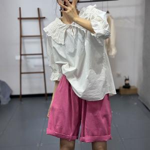 Mori Fashion Half Sleeve Lace T Shirt with Statement Collar