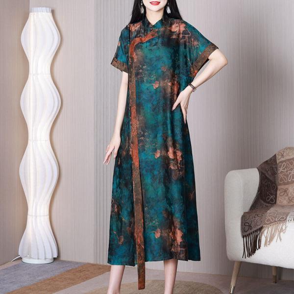 Mandarin Collar Blue Qipao Ribbon Printed Modern Cheongsam