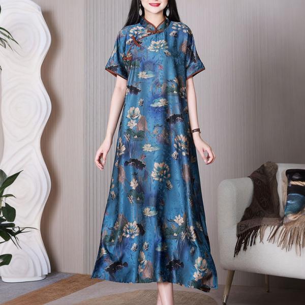Lotus Painted Side Slit Dress Short Sleeves Blue Cheongsam