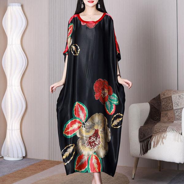 Huge Flowers Modest Caftan Heavy Silk Black Concert Dress