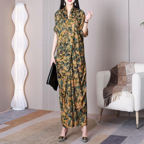 Leaf Printed Yellow Front Cross Dress Silk Maxi Kimono Dress