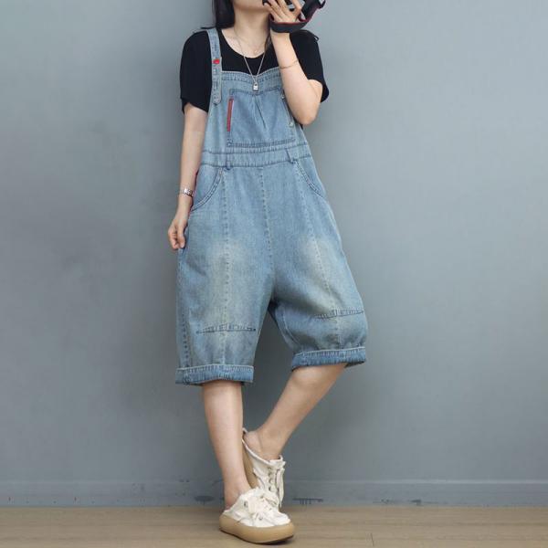 Preppy Style Light Wash Overalls Casual Cropped Bib Overalls