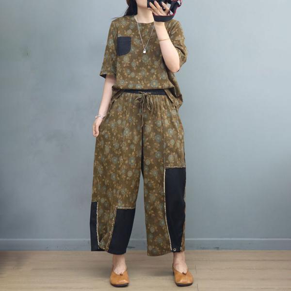 Travel Cotton Floral T-shirt with Denim Patchwork Straight Leg Pants