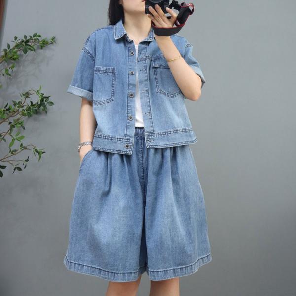 Polo Neck Light Wash Shacket Oversized Jean Short Jacket