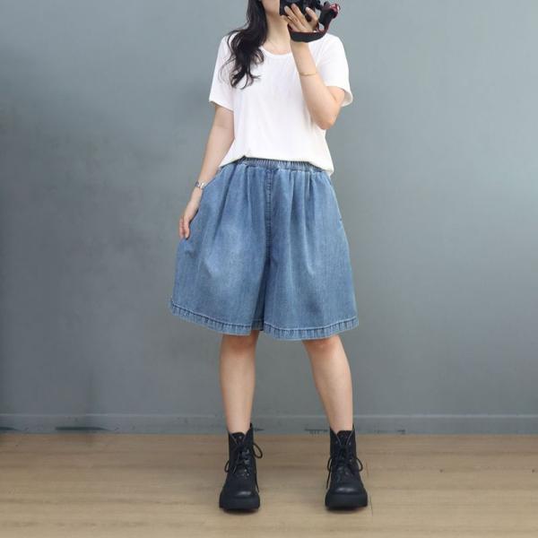 Elastic Waist Wide Leg Shorts Light Wash Jorts for Women