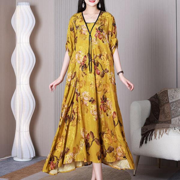 Yellow Flowers Flowy Maxi Dress Silky Elegant Dress