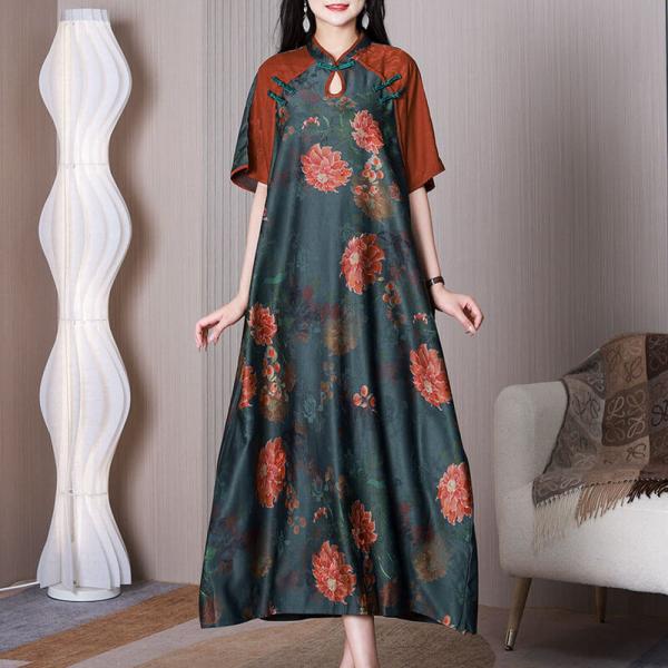 Malus Spectabilis Chinese Qipao Dress Mandarin Collar Cheongsam