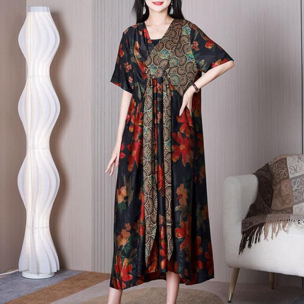 Red Flowers Black Front Knot Dress Silky Kimono Dress