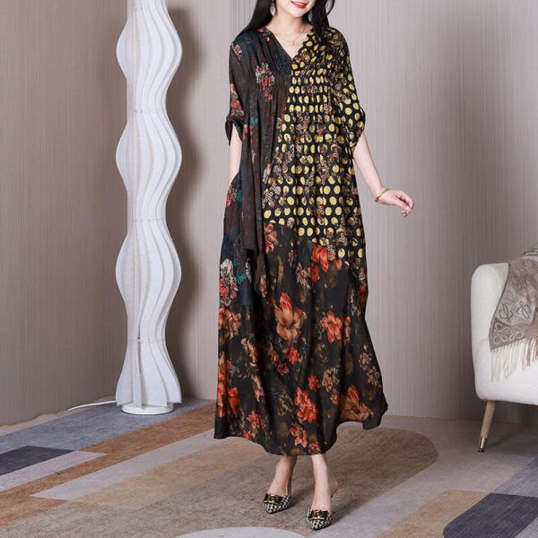 Polka Dots and Flowers Draped Dress Pleated Silk Maxi Dress