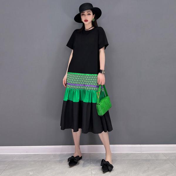 Cotton and Chiffon Fishtail Dress Loose Short Sleeve T-shirt Dress