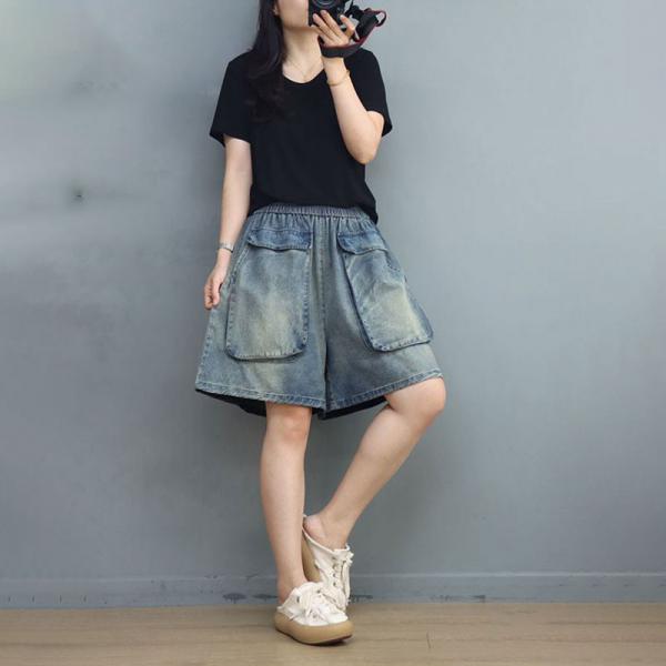 Big Flap Pockets Light Wash Shorts Wide Leg Jorts for Women