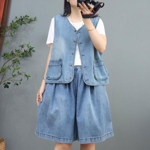 Light Wash Denim Vest Single-Breasted Waistcoat